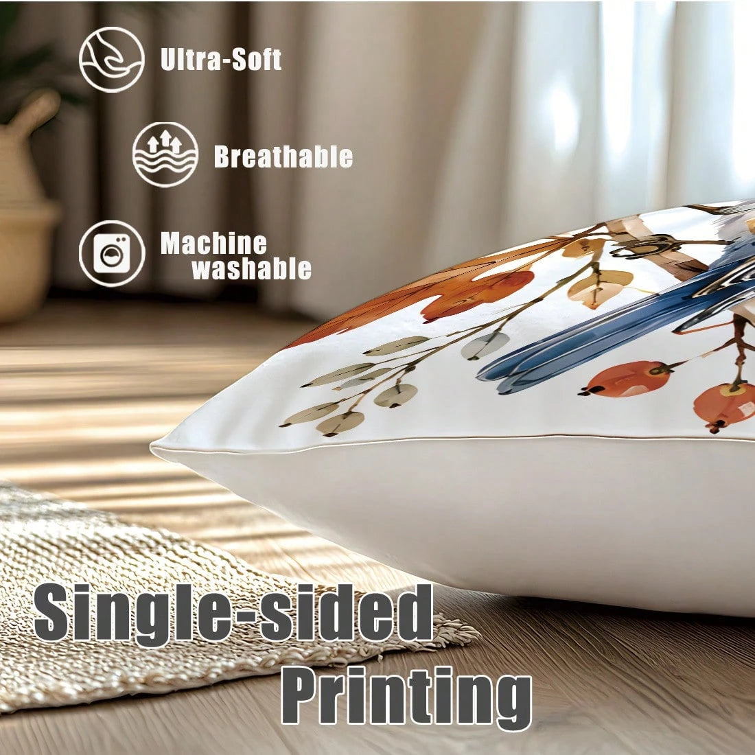 MEMNUN 4pcs Watercolor Blue Robin Autumn Branch Leaf Pumpkin Print Pillow Covers [No Pillow Insert], 40*40cm/45*45cm/50*50cm, [Single-Sided Print] Made Of Polyester Material Hello Autumn Wreath Berry