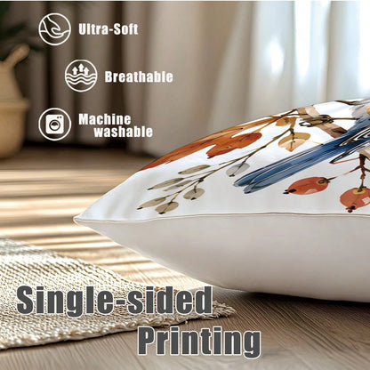 MEMNUN 4pcs Watercolor Blue Robin Autumn Branch Leaf Pumpkin Print Pillow Covers [No Pillow Insert], 40*40cm/45*45cm/50*50cm, [Single-Sided Print] Made Of Polyester Material Hello Autumn Wreath Berry