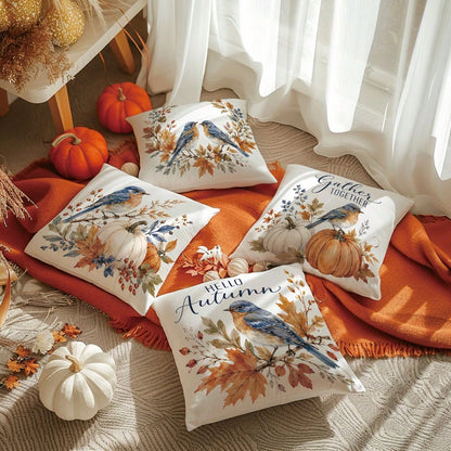 MEMNUN 4pcs Watercolor Blue Robin Autumn Branch Leaf Pumpkin Print Pillow Covers [No Pillow Insert], 40*40cm/45*45cm/50*50cm, [Single-Sided Print] Made Of Polyester Material Hello Autumn Wreath Berry
