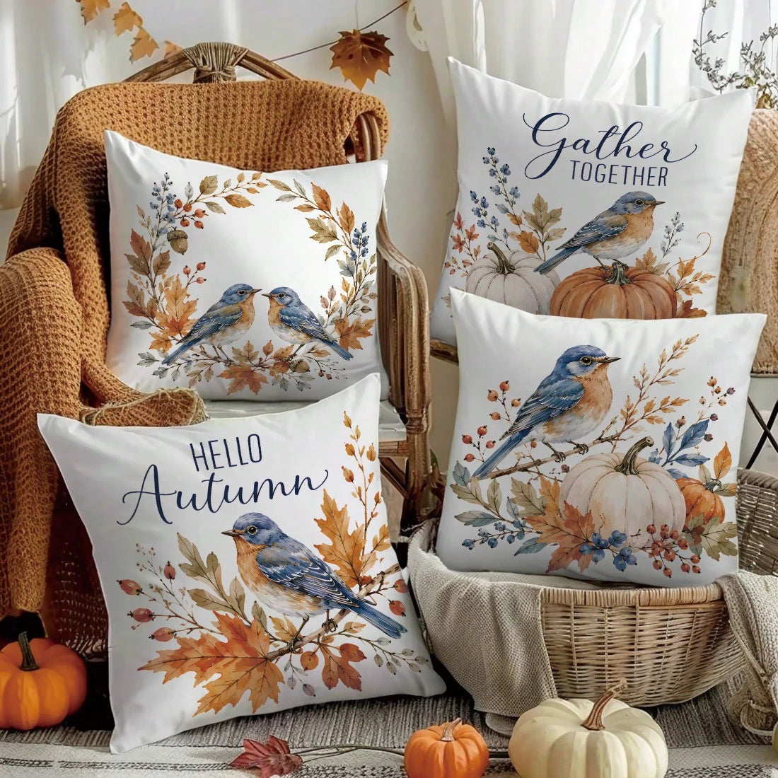 MEMNUN 4pcs Watercolor Blue Robin Autumn Branch Leaf Pumpkin Print Pillow Covers [No Pillow Insert], 40*40cm/45*45cm/50*50cm, [Single-Sided Print] Made Of Polyester Material Hello Autumn Wreath Berry