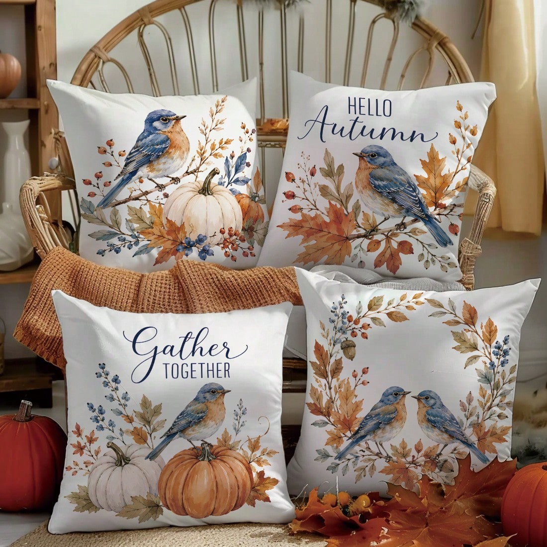 MEMNUN 4pcs Watercolor Blue Robin Autumn Branch Leaf Pumpkin Print Pillow Covers [No Pillow Insert], 40*40cm/45*45cm/50*50cm, [Single-Sided Print] Made Of Polyester Material Hello Autumn Wreath Berry