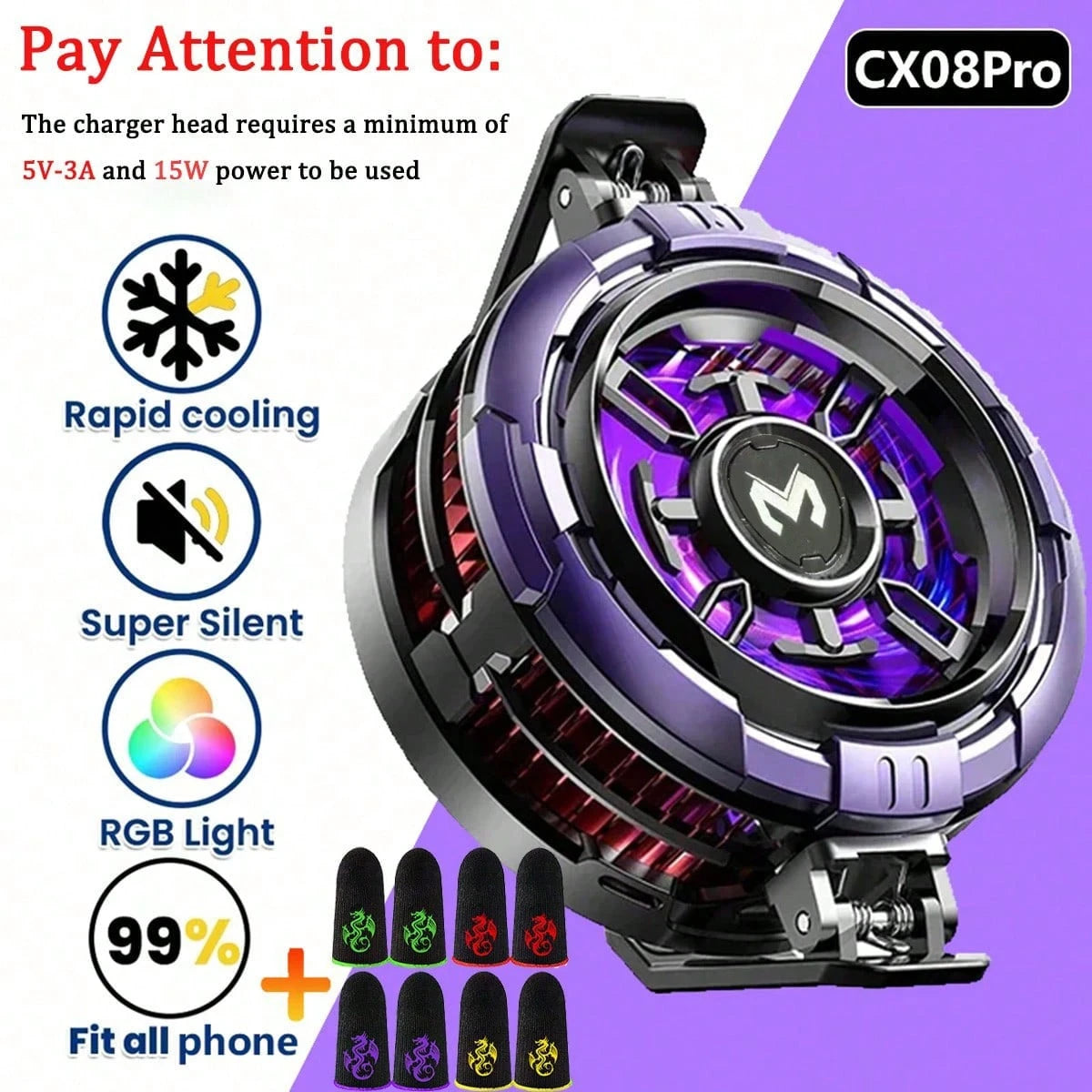 MEMO CX08 2025 New Magnetic Cooling Heat Dissipator, Quick Cooling Phone Cooler, [5V-3A] 15W Charger Adapter Powered No Battery, High-Power For Smartphone, Tablet, Live Streaming, Gaming, Comes With 4