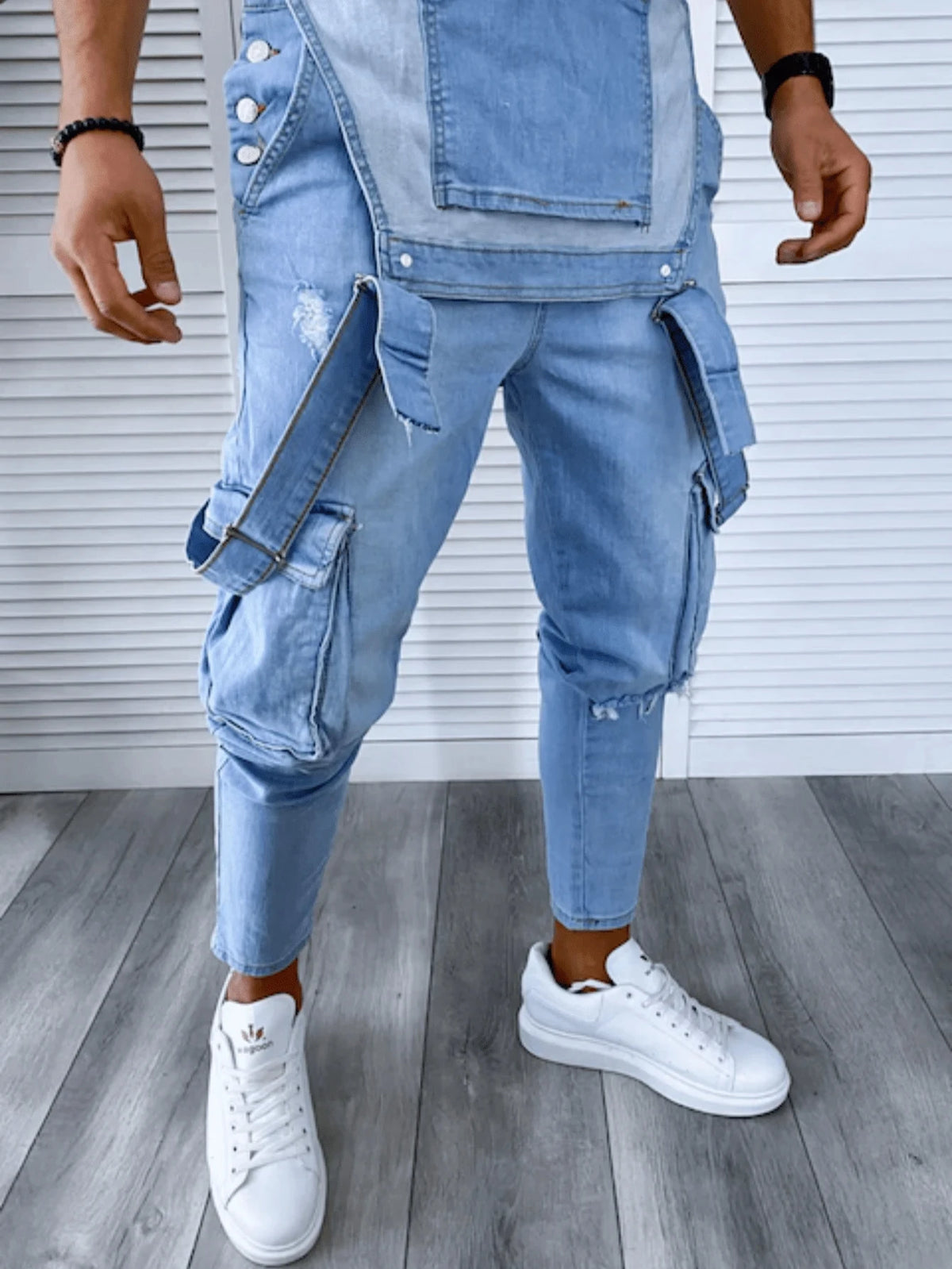 Men Retro Denim Bib Pants, Fashion Distressed Casual Jumpsuit Overalls