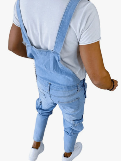 Men Retro Denim Bib Pants, Fashion Distressed Casual Jumpsuit Overalls