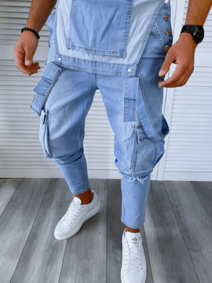 Men Retro Denim Bib Pants, Fashion Distressed Casual Jumpsuit Overalls