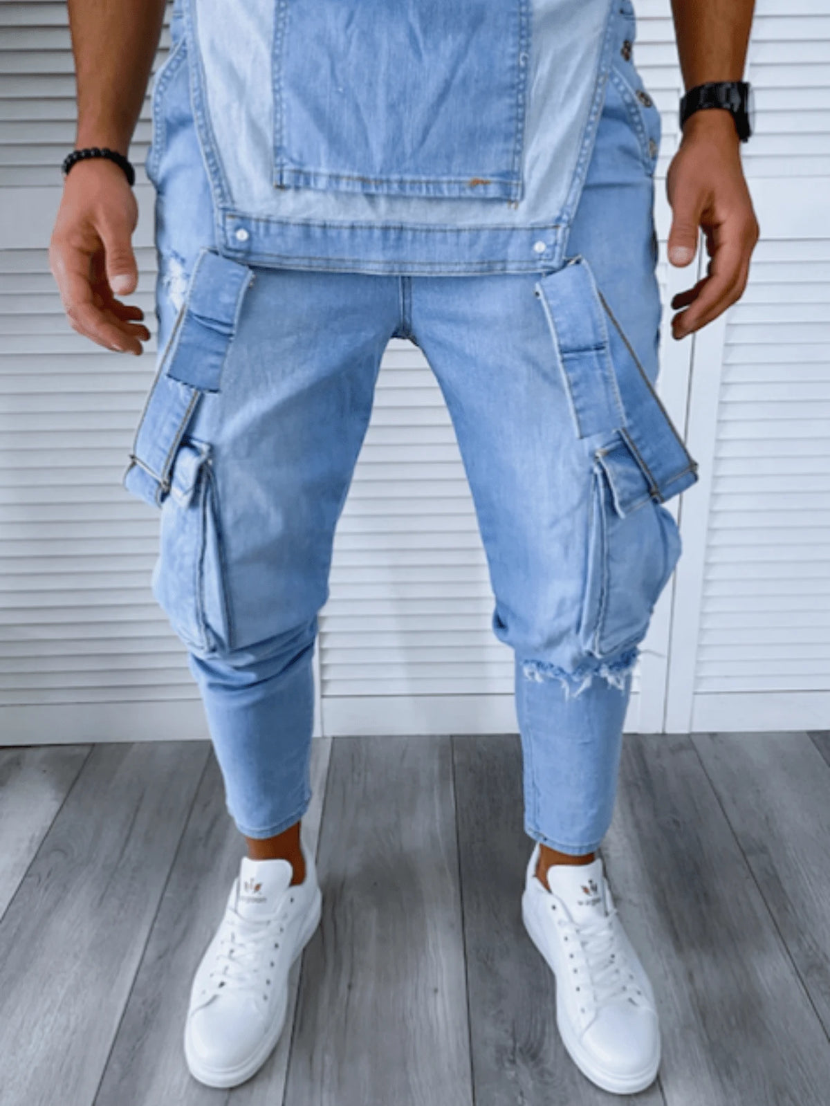 Men Retro Denim Bib Pants, Fashion Distressed Casual Jumpsuit Overalls