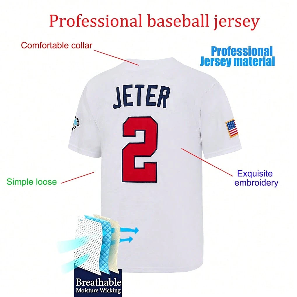 Men's #2 Derek Jeter Baseball Jersey, 2006 USA World Baseball Classic Number Stitching Baseball Apparel,Game Day Fan Gift