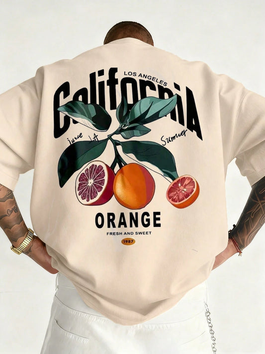 Men's Fashionable Versatile Orange Print Round Neck T-Shirt, Summer
