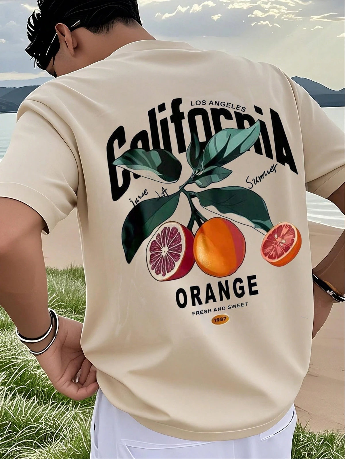 Men's Fashionable Versatile Orange Print Round Neck T-Shirt, Summer