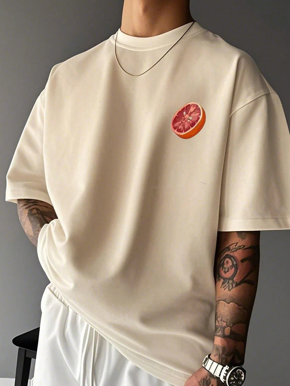 Men's Fashionable Versatile Orange Print Round Neck T-Shirt, Summer