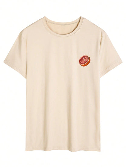 Men's Fashionable Versatile Orange Print Round Neck T-Shirt, Summer
