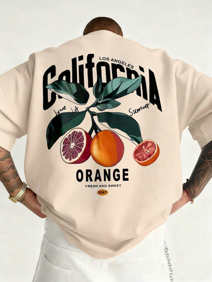 Men's Fashionable Versatile Orange Print Round Neck T-Shirt, Summer