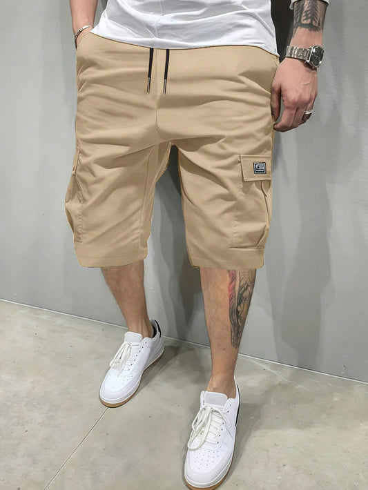 Men's Lightweight Street Style Cargo Shorts- Solid Color Drawstring Elastic Waist Casual Shorts, Summer Sports