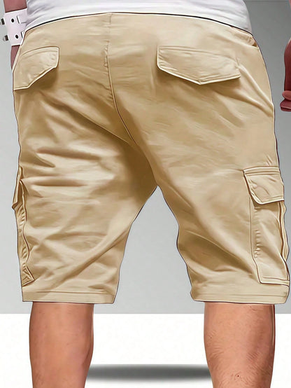 Men's Lightweight Street Style Cargo Shorts- Solid Color Drawstring Elastic Waist Casual Shorts, Summer Sports