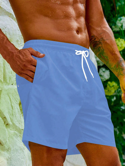 Men's Solid Color Drawstring Waist Pocket Beach Shorts Men Beach Wear Men Swim Trunk Men Vacation Shorts Men Lounge Shorts Pink Men Sh