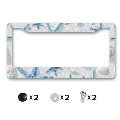 Metal Frame License Plate, Starfish And Shell Design, Perfect For Summer Beach Parties,Car Acessesories,Rust-Resistant And Smooth Surface, Includes Screws, Suitable Forhalloween Decor,Fall Home Decor