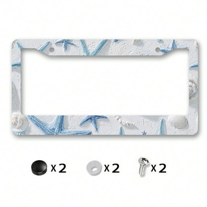 Metal Frame License Plate, Starfish And Shell Design, Perfect For Summer Beach Parties,Car Acessesories,Rust-Resistant And Smooth Surface, Includes Screws, Suitable Forhalloween Decor,Fall Home Decor