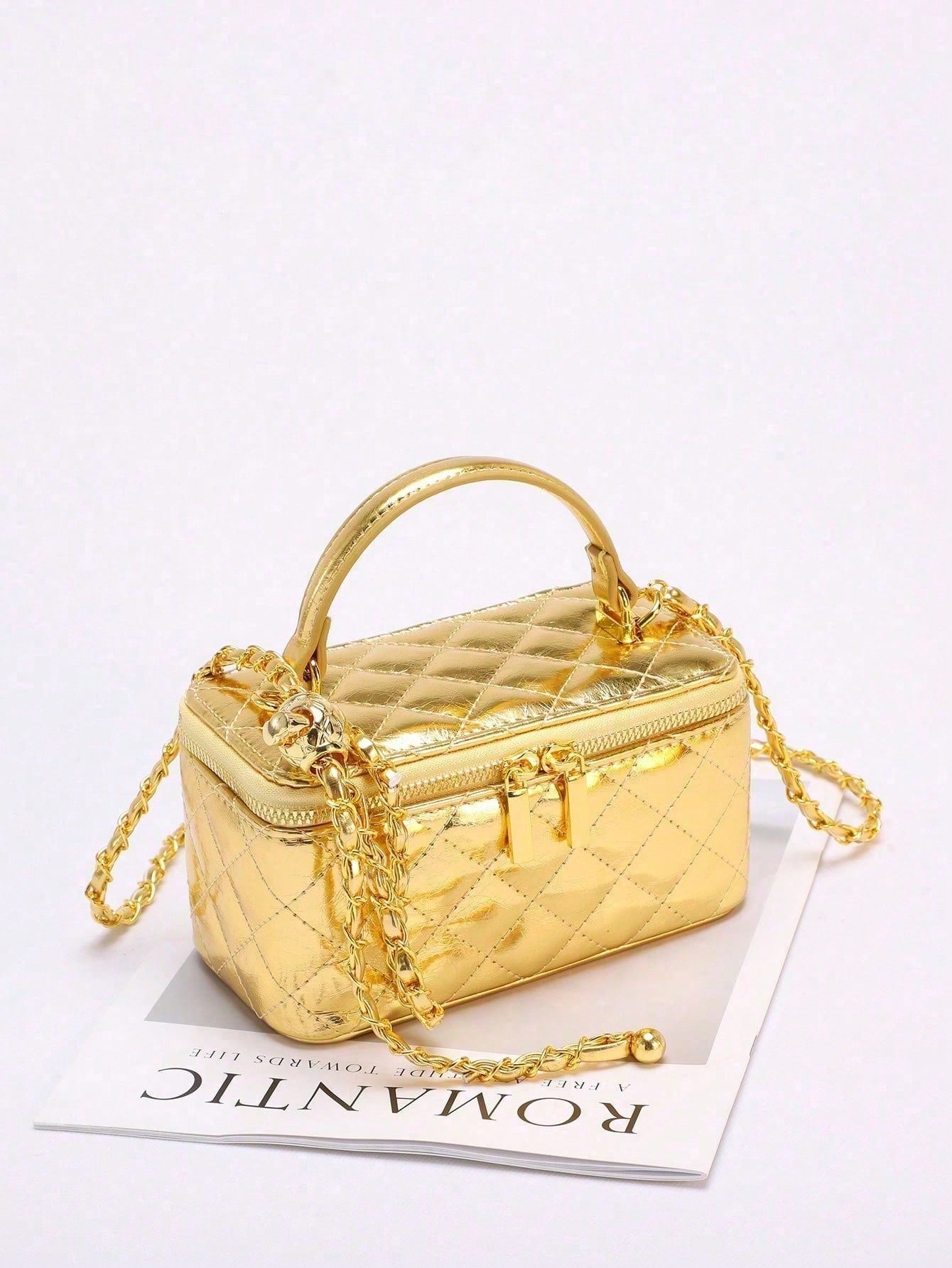 Metallic Quilted Vanity Purse, Gold Chain Luxury Designer Bags, Wallet, Party Date Night Out Bag, Purses For Women, Chic Love, Halloween Gift