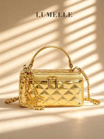 Metallic Quilted Vanity Purse, Gold Chain Luxury Designer Bags, Wallet, Party Date Night Out Bag, Purses For Women, Chic Love, Halloween Gift