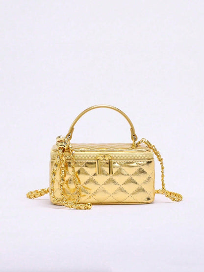 Metallic Quilted Vanity Purse, Gold Chain Luxury Designer Bags, Wallet, Party Date Night Out Bag, Purses For Women, Chic Love, Halloween Gift