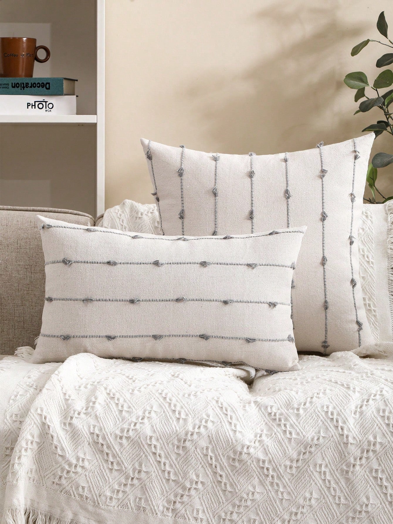 Miater Tasseled Linen Striped Jacquard Decorative Throw Pillow Case For Living Room, Bedroom, Sofa