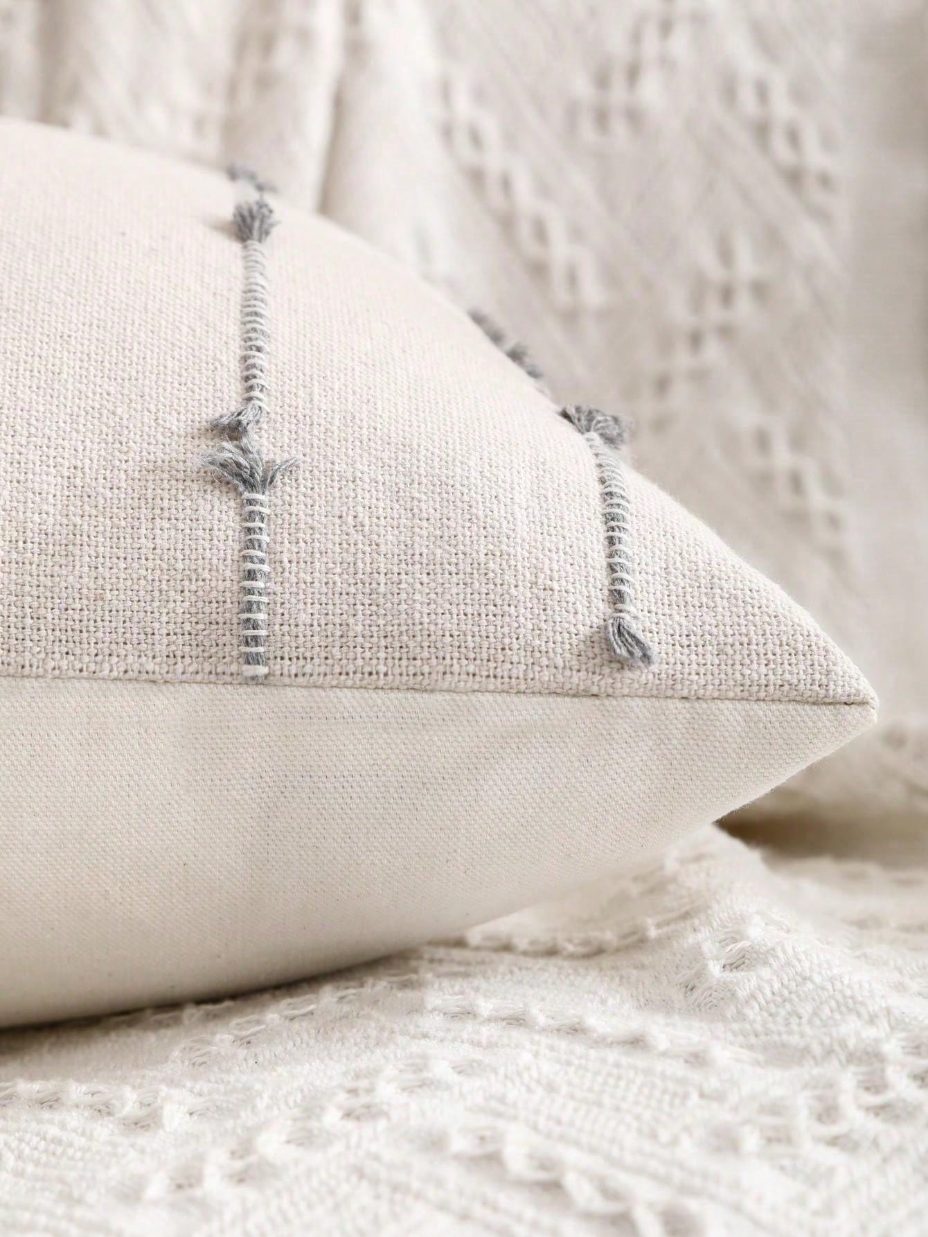 Miater Tasseled Linen Striped Jacquard Decorative Throw Pillow Case For Living Room, Bedroom, Sofa