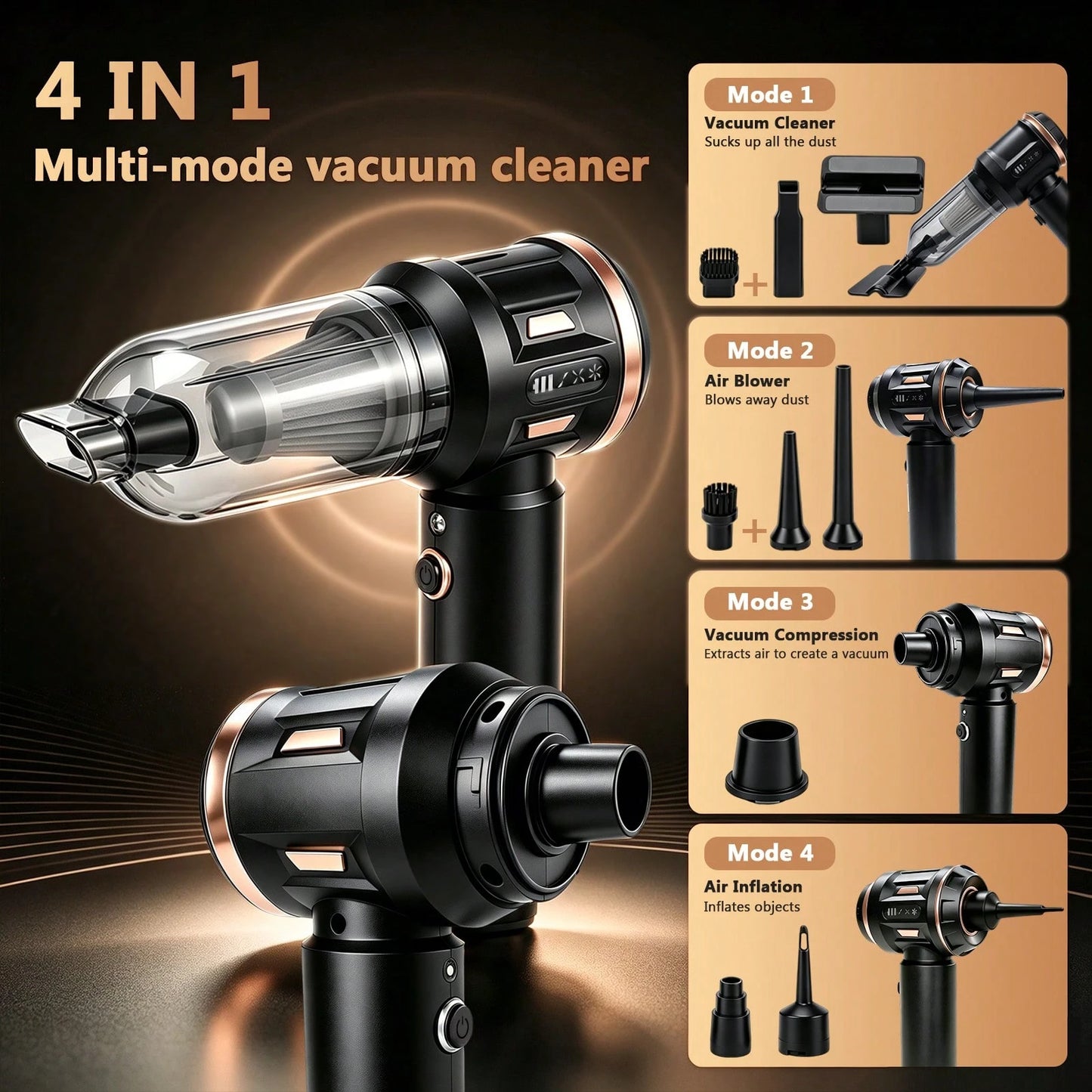 Mini Car Vacuum Cleaner Portable 17000PA Rechargeable Handheld Vacuum With LED Light HEPA Filter Type-C Charging 4 In 1 Multi-Function For Car Pet Hair Home Cleaning