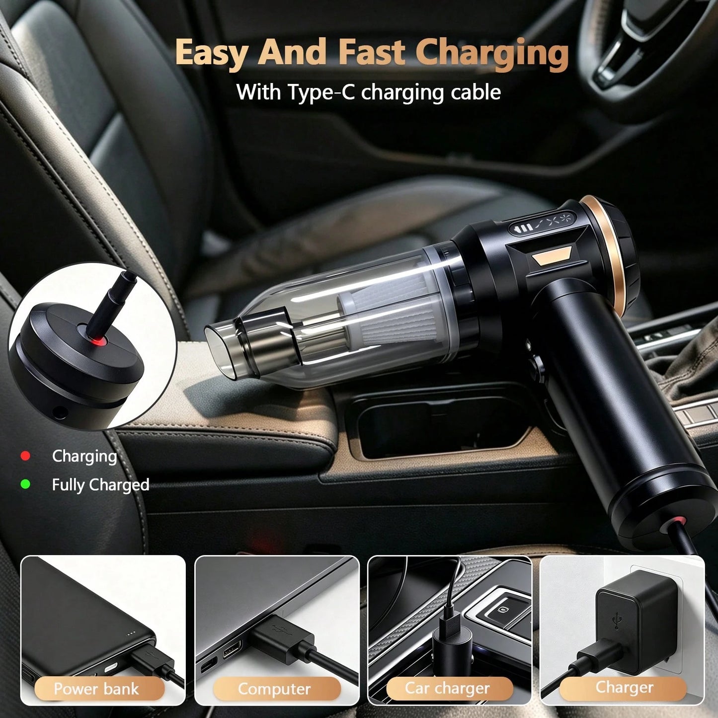 Mini Car Vacuum Cleaner Portable 17000PA Rechargeable Handheld Vacuum With LED Light HEPA Filter Type-C Charging 4 In 1 Multi-Function For Car Pet Hair Home Cleaning