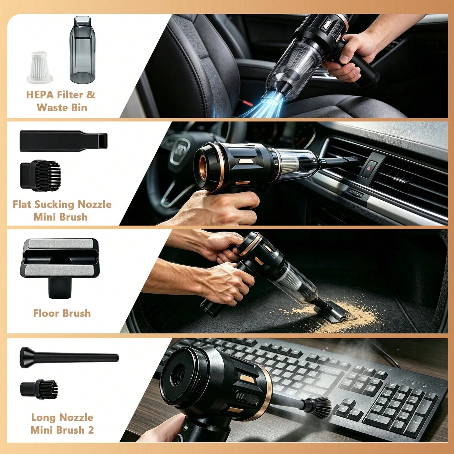 Mini Car Vacuum Cleaner Portable 17000PA Rechargeable Handheld Vacuum With LED Light HEPA Filter Type-C Charging 4 In 1 Multi-Function For Car Pet Hair Home Cleaning