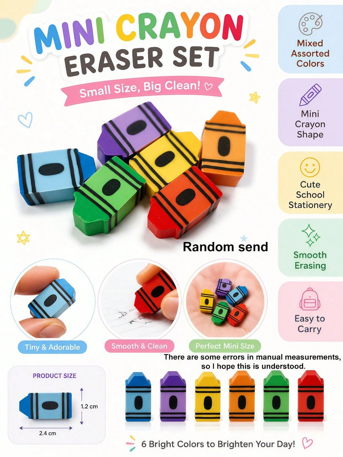 Mini Crayon Shaped Erasers Set, Cute Crayon Design Erasers, Colorful Mini Erasers, Bulk Pack, Back To School Supplies, Party Favors, Graduation Gifts, Classroom Rewards, Office Supplies (Assorted Colo