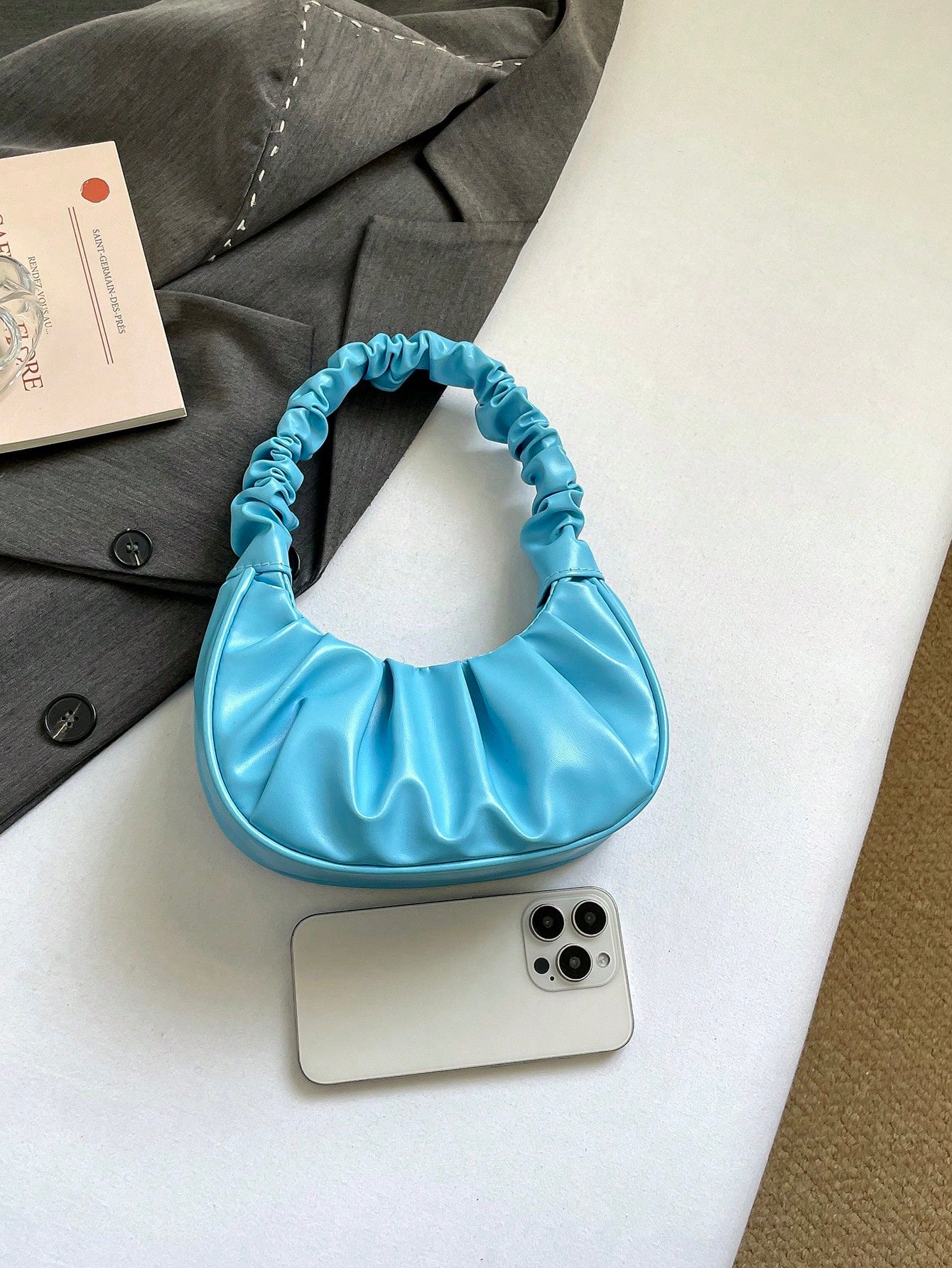 Mini Fashionable Solid Color Pleated Cloud Shaped Handbag, Crescent Shoulder Bag, Underarm Tote Bag, Commuter Bag, Spring/Summer