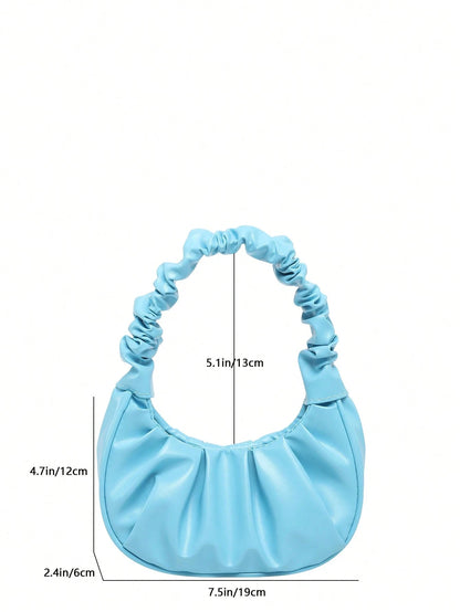 Mini Fashionable Solid Color Pleated Cloud Shaped Handbag, Crescent Shoulder Bag, Underarm Tote Bag, Commuter Bag, Spring/Summer