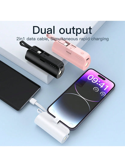 Mini Portable Mobile Phone Charger 5000mAh Power Bank, Built-In Type-C USB C Block Interface Charging, Output 5V/2A, Built-In LED Light, Built-In Stand Function, Small And Compact, Suitable For Chargi