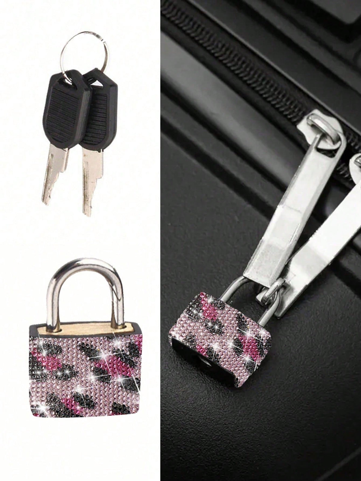 Mini Sparkling Leopard Print Crystal Keyed Padlock- Metal Mini Lock With 2 Keys, No Assembly Required,Luggage Locks With Keys, Locker Lock Small Luggage Padlocks, Suitcase Locks Metal Keyed Padlock F