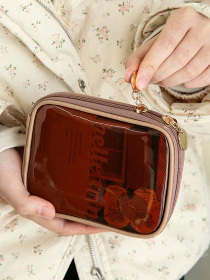 Mini Transparent Window Makeup Bag, Portable Travel Cosmetic Storage Pouch, Small Lipstick & Eyeshadow Organizer, Women's Daily Carry-On