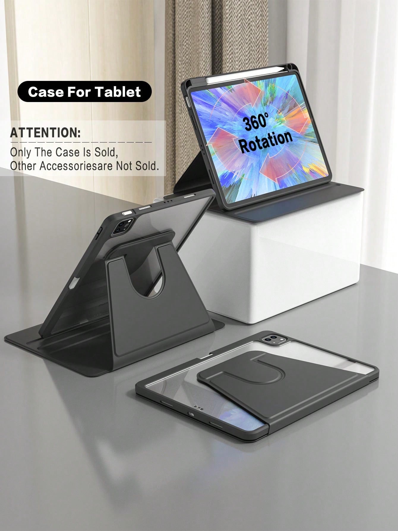 Minimalist Solid Color Black Military Grade Shockproof Flip Pad Case 360° Rotating Protective Case With Pencil Holder Compatible With Ipad 5th/6th/7th/8th/9th/10th/11th Gen, Mini 6th/7th Gen, Air 1st