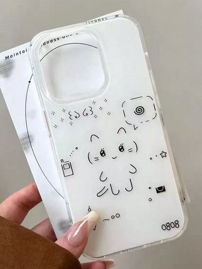 Minimalist White Black Cat Drawing Fashion Phone Case Compatible With IPhone 17 Pro Max/17 Pro/17 Air/17/16 Pro Max/16 Pro/ 15 Pro/15 New 14 Pro/13/12/11 Full Coverage Protective Case Spring Gift