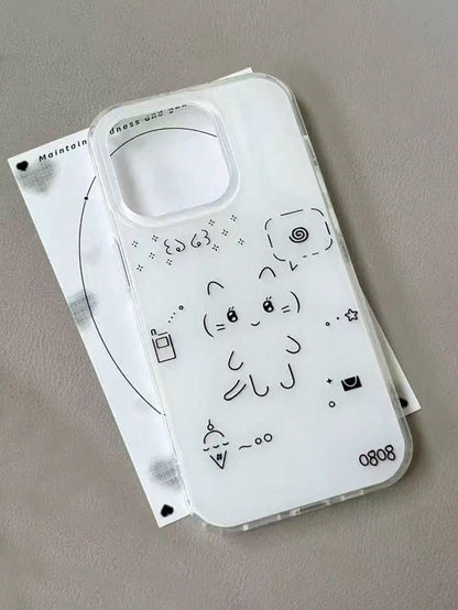 Minimalist White Black Cat Drawing Fashion Phone Case Compatible With IPhone 17 Pro Max/17 Pro/17 Air/17/16 Pro Max/16 Pro/ 15 Pro/15 New 14 Pro/13/12/11 Full Coverage Protective Case Spring Gift