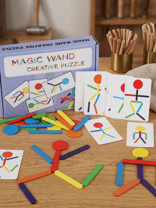 MINKOJA Creative Versatile Stick Figure Wooden Puzzle – Montessori Early Learning Educational STEM Toy, Action Imitation & Hand-Eye Coordination Training, Colorful Wooden Stick Shape Building Game, Fo