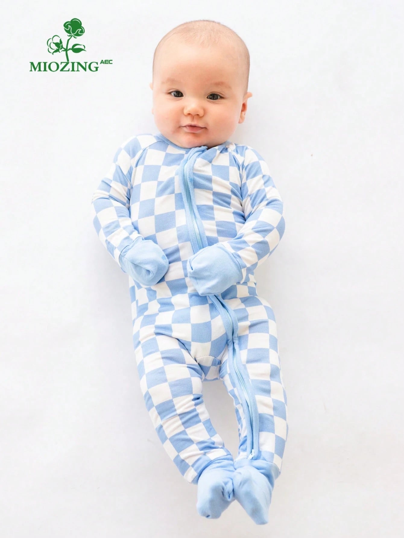 MIOZING Baby Boy Romper Long Sleeve, Checkerboard Plaid Print Bamboo Zipper Jumpsuit, Soft Breathable Blue White Outfit For Toddler