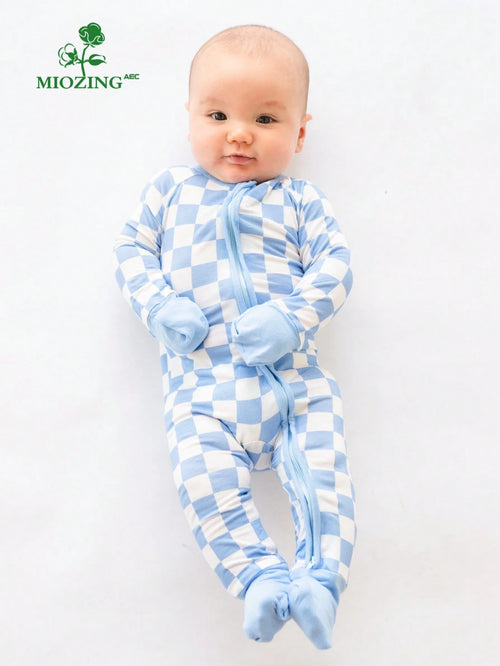 MIOZING Baby Boy Romper Long Sleeve, Checkerboard Plaid Print Bamboo Zipper Jumpsuit, Soft Breathable Blue White Outfit For Toddler