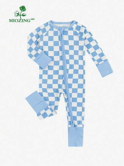 MIOZING Baby Boy Romper Long Sleeve, Checkerboard Plaid Print Bamboo Zipper Jumpsuit, Soft Breathable Blue White Outfit For Toddler
