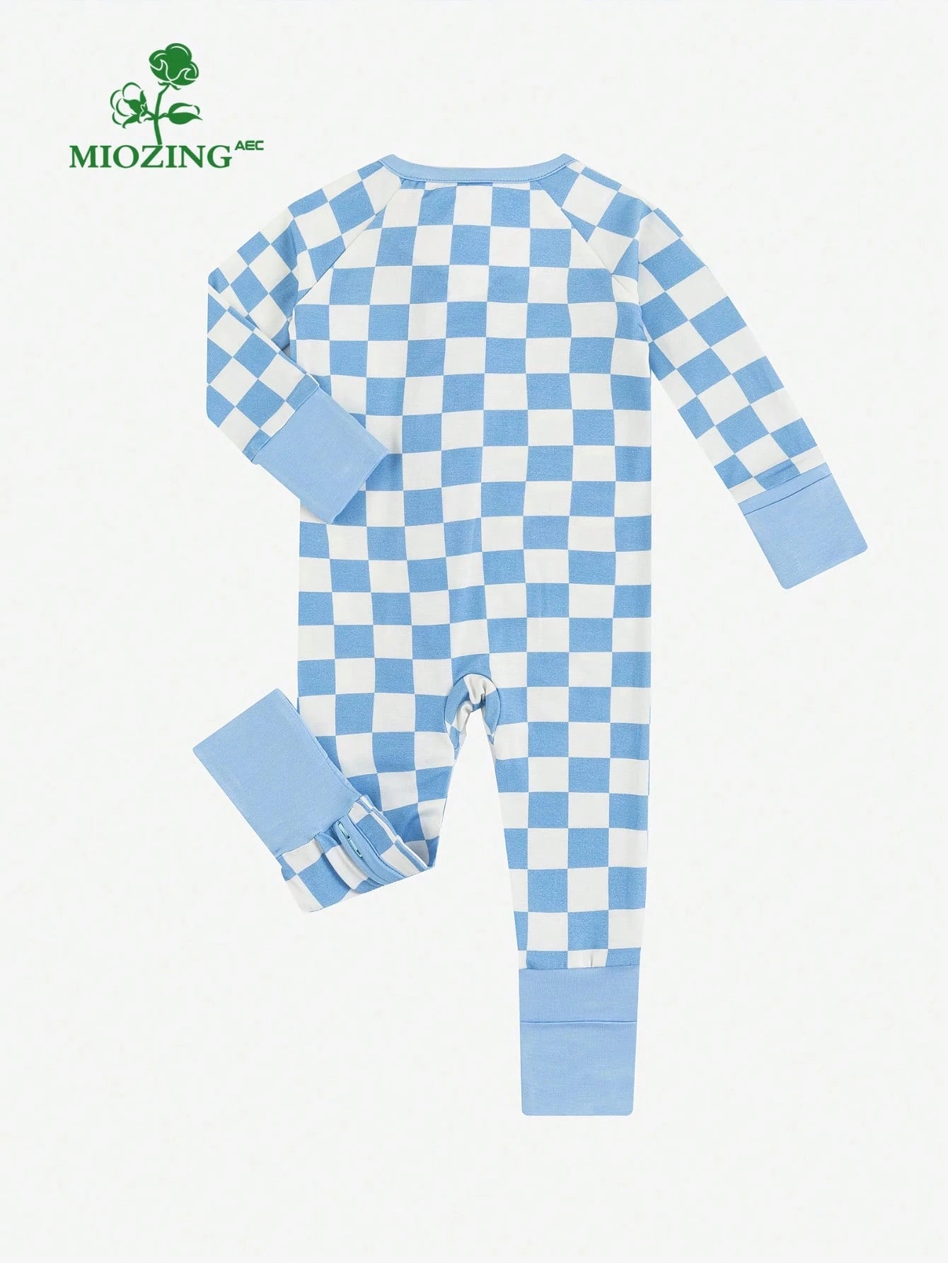 MIOZING Baby Boy Romper Long Sleeve, Checkerboard Plaid Print Bamboo Zipper Jumpsuit, Soft Breathable Blue White Outfit For Toddler