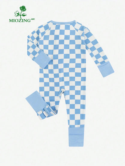 MIOZING Baby Boy Romper Long Sleeve, Checkerboard Plaid Print Bamboo Zipper Jumpsuit, Soft Breathable Blue White Outfit For Toddler