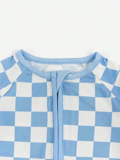MIOZING Baby Boy Romper Long Sleeve, Checkerboard Plaid Print Bamboo Zipper Jumpsuit, Soft Breathable Blue White Outfit For Toddler