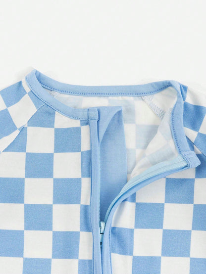 MIOZING Baby Boy Romper Long Sleeve, Checkerboard Plaid Print Bamboo Zipper Jumpsuit, Soft Breathable Blue White Outfit For Toddler