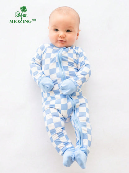 MIOZING Baby Boy Romper Long Sleeve, Checkerboard Plaid Print Bamboo Zipper Jumpsuit, Soft Breathable Blue White Outfit For Toddler