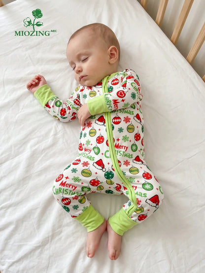 MIOZING Christmas Printed Romper, Long Sleeve Infant Jumpsuit, Tree & Balloon Pattern Holiday Outfit, Breathable Bamboo Fiber Fabric For Baby Boys