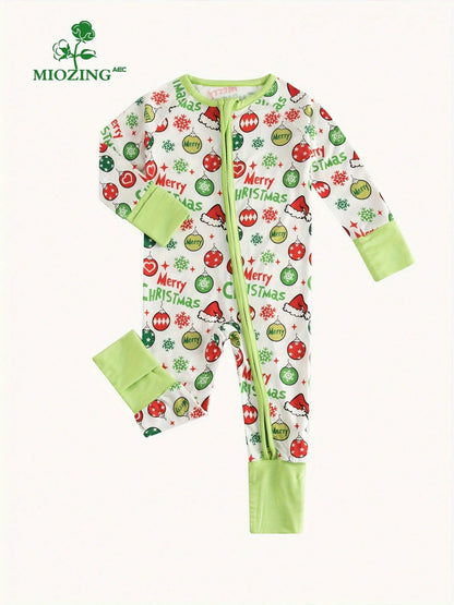 MIOZING Christmas Printed Romper, Long Sleeve Infant Jumpsuit, Tree & Balloon Pattern Holiday Outfit, Breathable Bamboo Fiber Fabric For Baby Boys