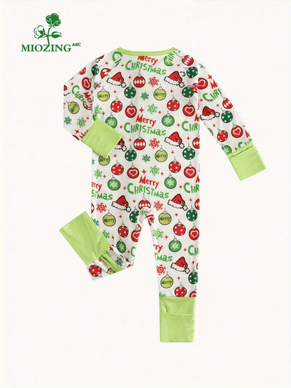 MIOZING Christmas Printed Romper, Long Sleeve Infant Jumpsuit, Tree & Balloon Pattern Holiday Outfit, Breathable Bamboo Fiber Fabric For Baby Boys